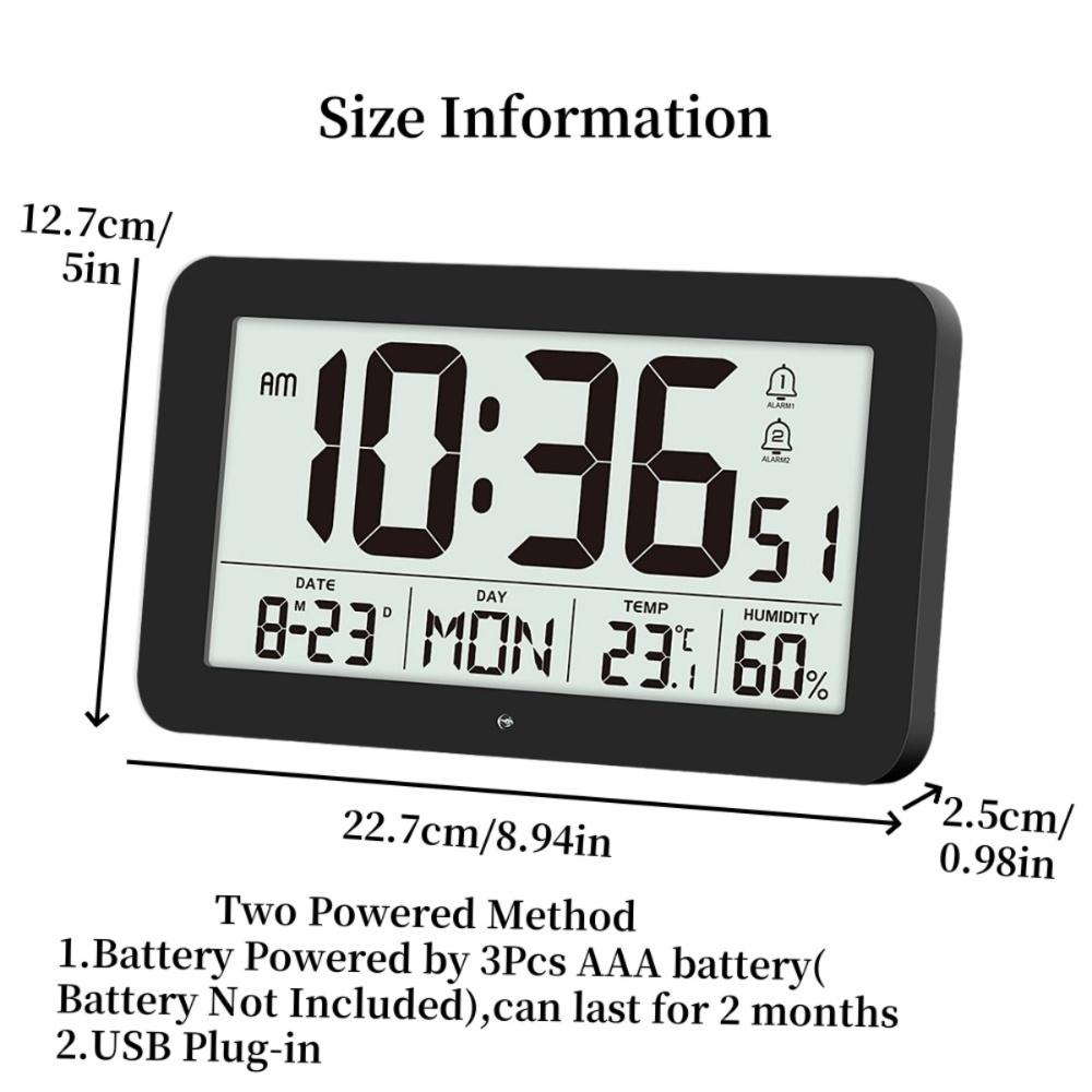Battery Powered Digital Wall Clock TEMP Humidity Date Week 2 Alarm Night Vision 12/24H Auto Dimmable DST Snooze LCD Table Clock