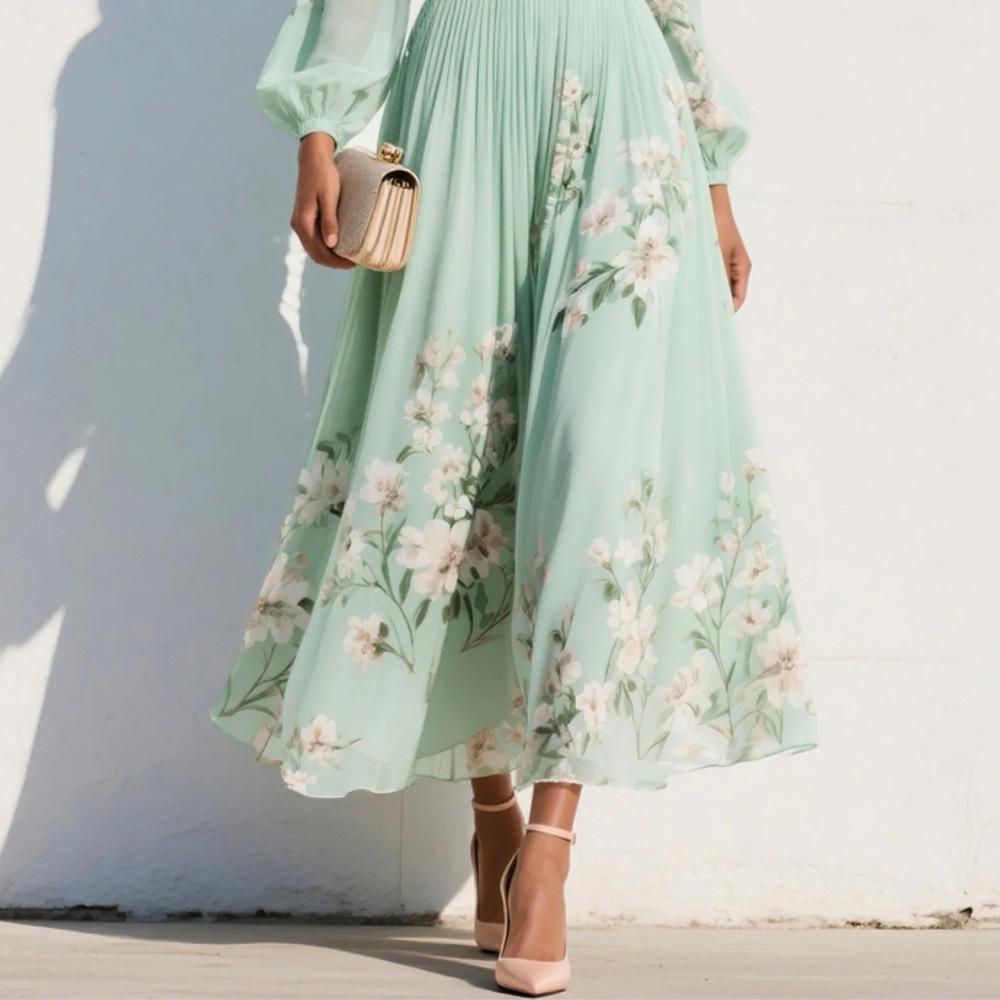 Women's V-Neck Floral Long Sleeve Pleated Dress 2026