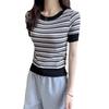 Short-sleeved Knit Sweater Female Summer Striped Knit Round Neck Thin T-shirt Short Paragraph Foreign-style Top Tide Casual Slim Fit Pullovers Tees