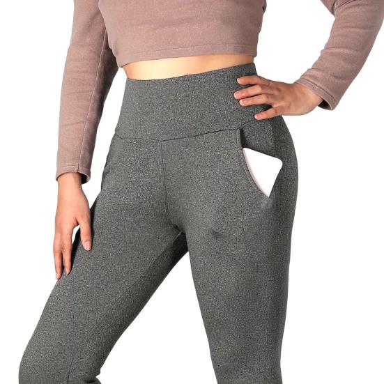 Women Leggings with Pockets Solid Color High Waist Plush Lining Thickened Warm Pants Tight Fit Cold Weather Leggings