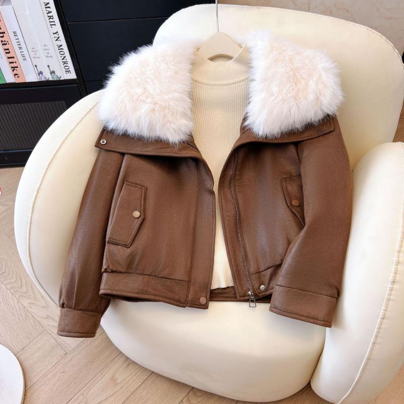 Women Thick Warm Faux Fox Fur Collar Faux Leather Winter Cotton Padded Coat