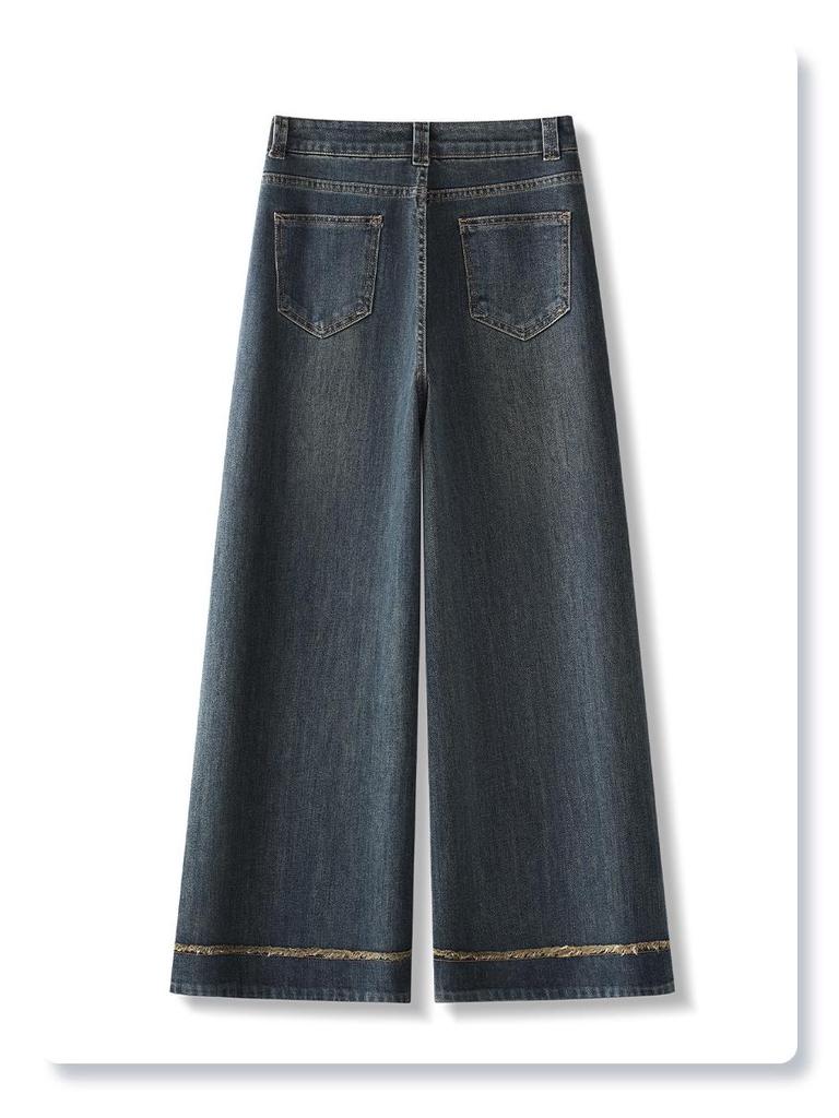 Women's Retro Blue Wide Leg Jeans - 2024 New Autumn/Winter Frayed Slimming Straight Leg Pants