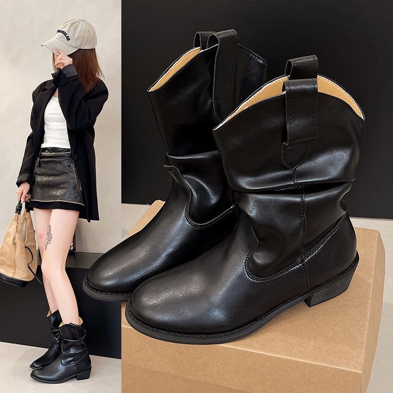 Sheepskin Version~ Inner Height-increasing Retro Pleated Stacking Boots Women's Mouth Suede Mid-tube Western Boots Versatile Thick Heel Martin Boots