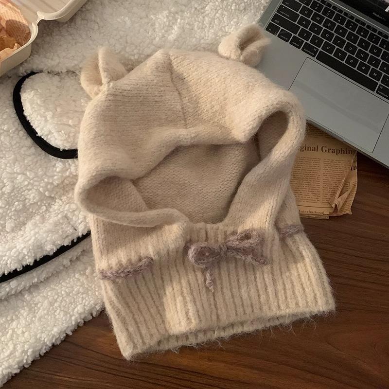 Cute Rabbit Ears Balaclava Women's Autumn and Winter Gray Hat Warm Ear Protection Beanie Trendy