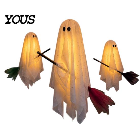 Weather Resistant Halloween Decor 3 Pcs Hanging Ghosts on Brooms, Spooky Flying Gauze Ghost Lighted Yard Sign with Broomstick for Tree, Porch,