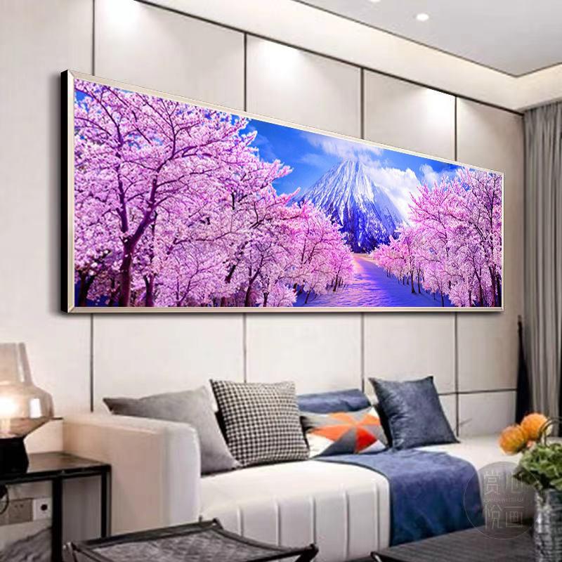 5D DIY Diamond Painting Kit Cherry Blossoms Landscape Cross Stitch Mountain Scenery Living Room Wall Art Painting Home Decor