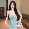 Pure and sweet spicy girl, spring and autumn waist cinché, polka dot bow, strapless tank top, long-sleeve cardigan, short skirt three-piece set