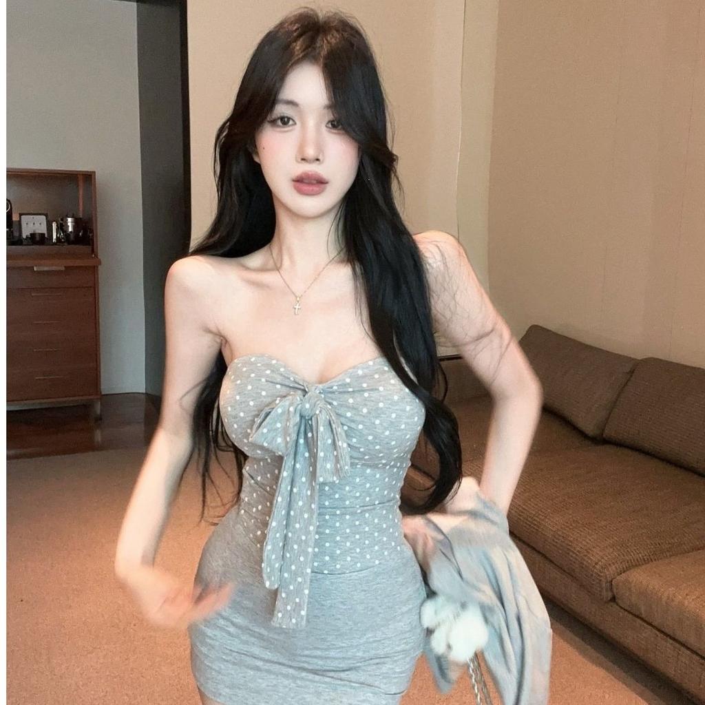 Pure and sweet spicy girl, spring and autumn waist cinché, polka dot bow, strapless tank top, long-sleeve cardigan, short skirt three-piece set