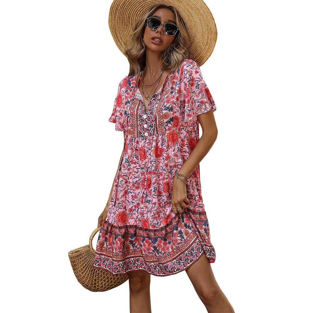 2026 Women's Small Floral V-Neck Loose Casual Bohemian Vacation Style Dress Large Size High-end Women's Clothing