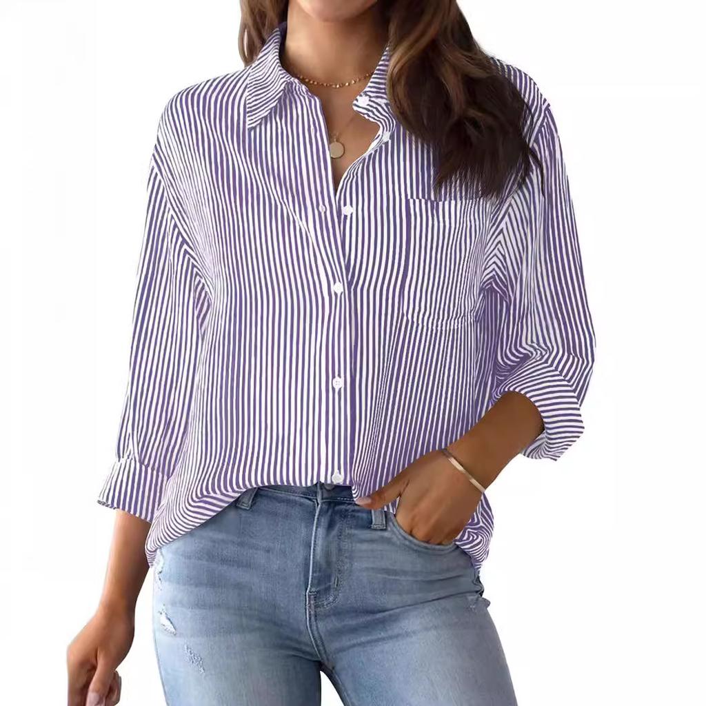 Womens Button Down Shirts Striped Classic Long Sleeve Collared Office Work Blouses Tops with Pocket