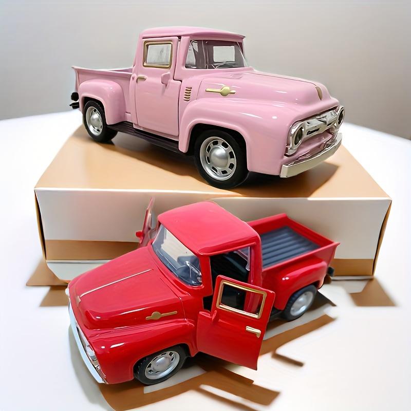 Vintage-Oldtimermodell in Pink und Rot mit Chrom-Akzenten – Retro-Pickup-Truck-Dekoration aus Metalllegierung mit zu öffnenden Türen und Motorhaube, Batterie