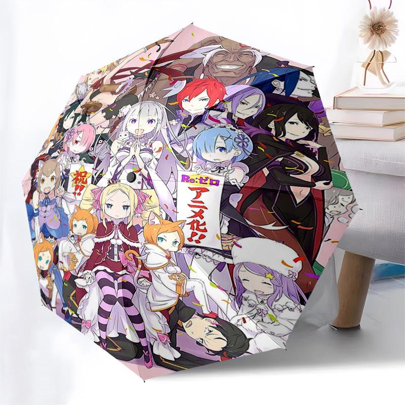 1pc Re:Zero Anime Characters Outdoor Umbrella - Automatic Opening/Closing, Portable 3-Fold Design, 8-Bone Iron Frame, Perfect Gift for Fans, Trav
