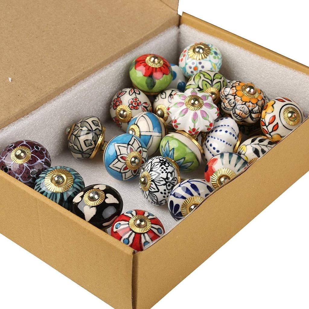 Ceramic Vintage Colourful Pottery Drawer Handle Door Knobs and Pulls for Kitchen Cabinets Home Interior Decor ( Multicolour) - Pack of 6