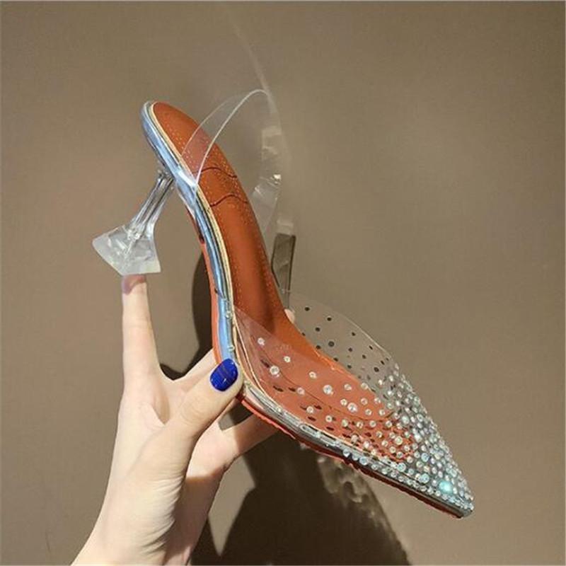 Fashion Fashion Rhinestones Women Pumps Summer Sexy PVC Transparent Back Strap Pointed Toe Perspex Clear Spike Heels Party Shoes
