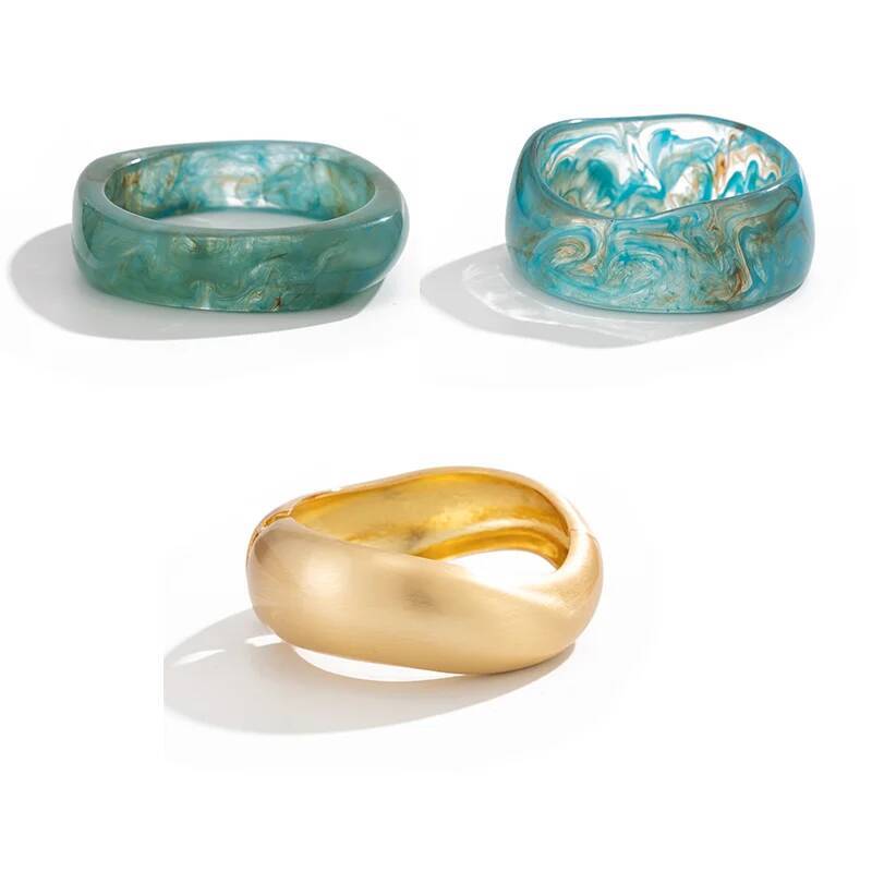 Salircon 3 Styles Exaggerated Irregular Acrylic Resin Bangles Women Hip Hop Geometric Matte Gold Color Metal Bracelets Jewelry