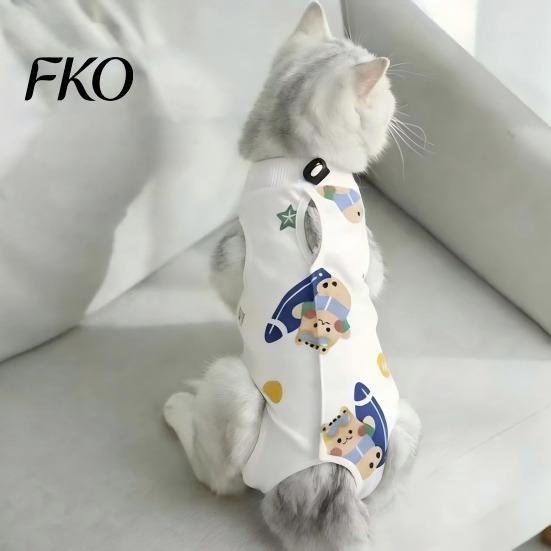 Cat Anti-lick Suit Recovery Suit, Soft Cotton Clothing, Cute Cartoon Print Four-Leg Clothes, Easy Buckle Clothes After Surgery Apparel for Female Male