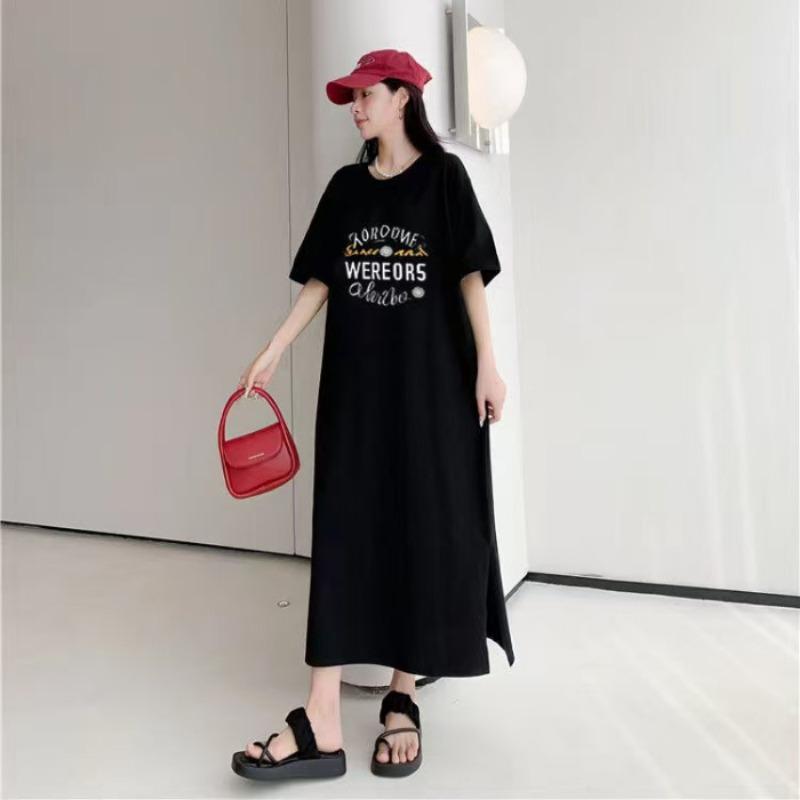 

Women s Summer Mid-length Slit Dress Short-sleeved Casual Loose Dress 4XL чёрный
