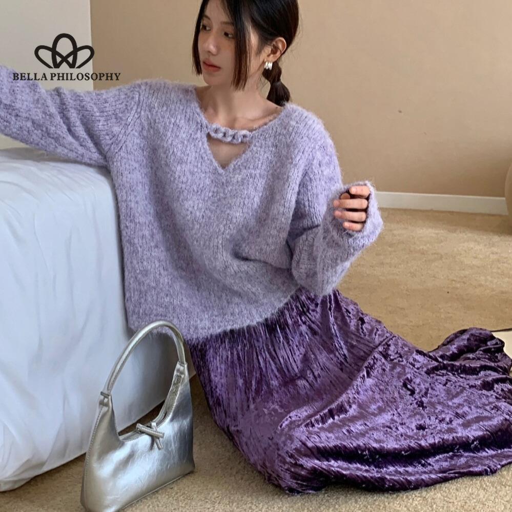 

Новый свитер пальто трикотаж женский осень и зима свободный пуловер свитер с длинными рукавами повседневный стиль пальто XL фиолетовый