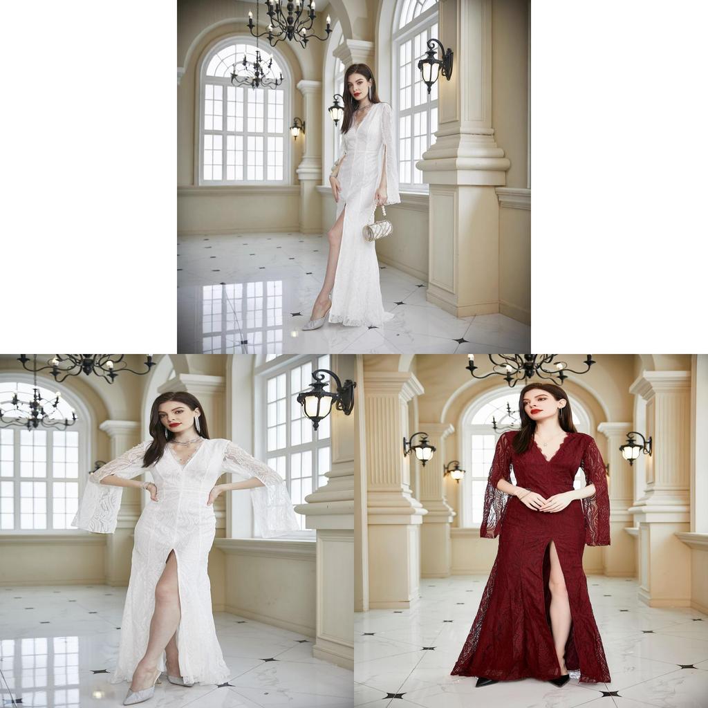 Lace Wedding Dress For Bridesmaids With Long Sleeves Vneck Fit For Autumn