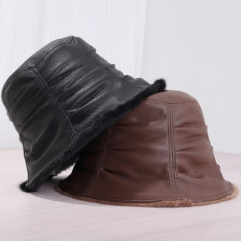 Niche soft leather PU fisherman hat children versatile street retro bucket hat basin hat autumn and winter