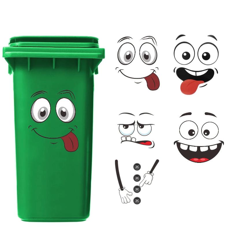 4Pcs Cartoon Face Trash Can Stickers Self-Adhesive Waterproof Pvc Glossy Finish For Wall, Toilet, Refrigerator Indoor Outdoor