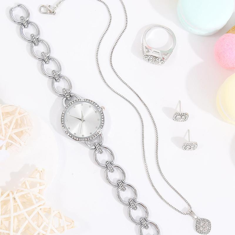 5PCS Fashion Luxury Silver Geometric Chain Hollow Out Watch Band Quartz Wristwatch Women's Square Pendant Necklace Earring Set for Girls