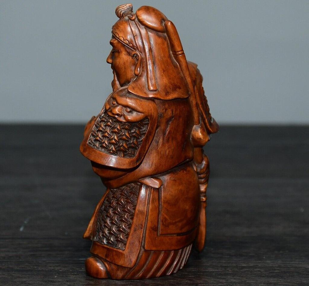 Chinese Natural Boxwood Carved Historical Figure Guan Yu Statue Wooden Figurines