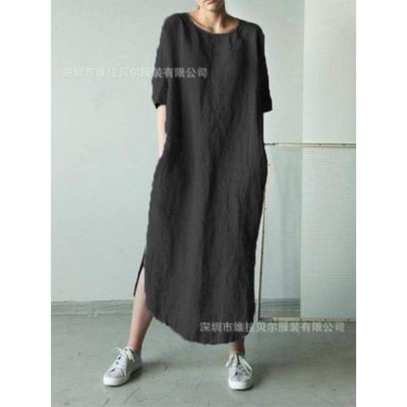 IHUASU Fashion Summer Spring Solid Color Print O-Neck Short Sleeve Casual Dresses