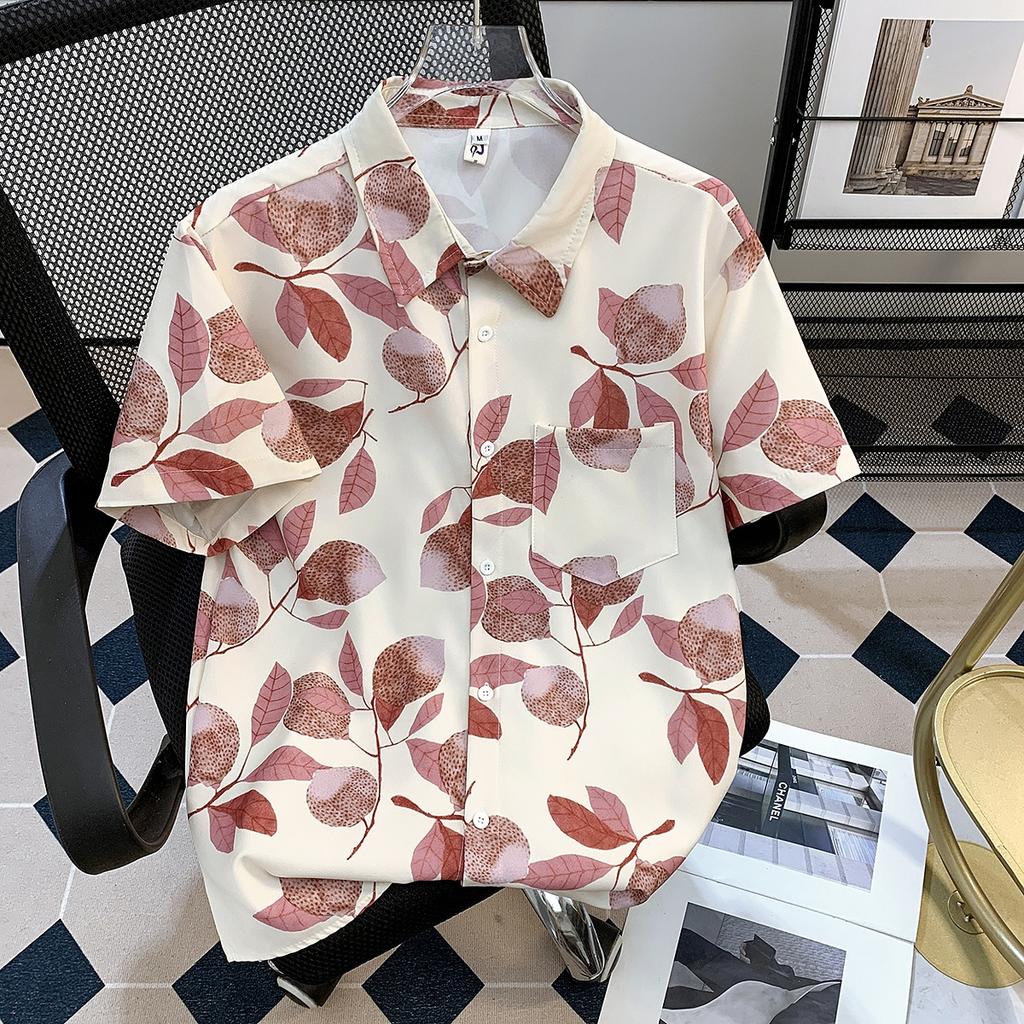 Hawaiian Full Printed Short-Sleeved Floral Shirt Men's Summer Thin Vacation Style Ice Silk Cool Half-Sleeved Loose Shirt