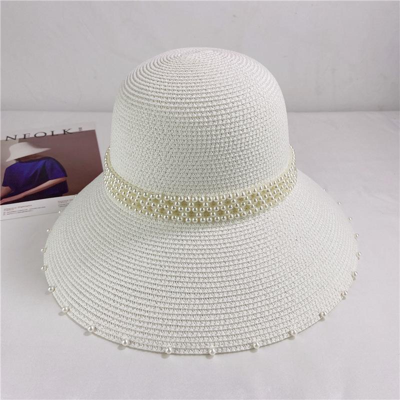 Hepburn style retro French pearl straw hat seaside vacation sun protection beach hat bucket hat big brim sun hat
