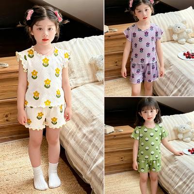 Girls Summer Floral Short Sleeve Pajama Set Cute Thin Baby Home Wear Sweet Shorts And Top Outfit For Kids