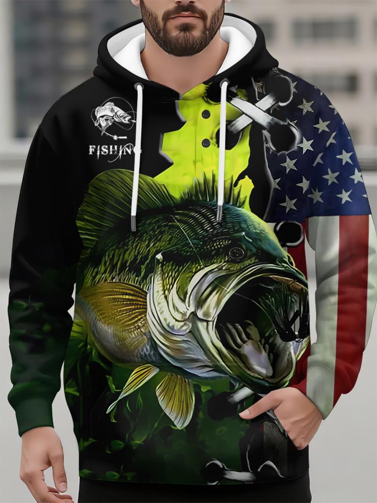 Autumn Men's Sweatshirt Casual Long Sleeve Hooded Pullover Fishing Print Top Fashion Oversized Vintage Men's Hoodie Streetwear