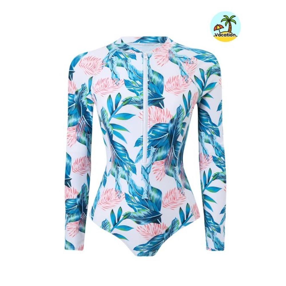 Women Long Sleeve One Piece Swimsuit Zip Front Ink and Wash Flowers  Print Rash Guard Surfing Bathing Suit