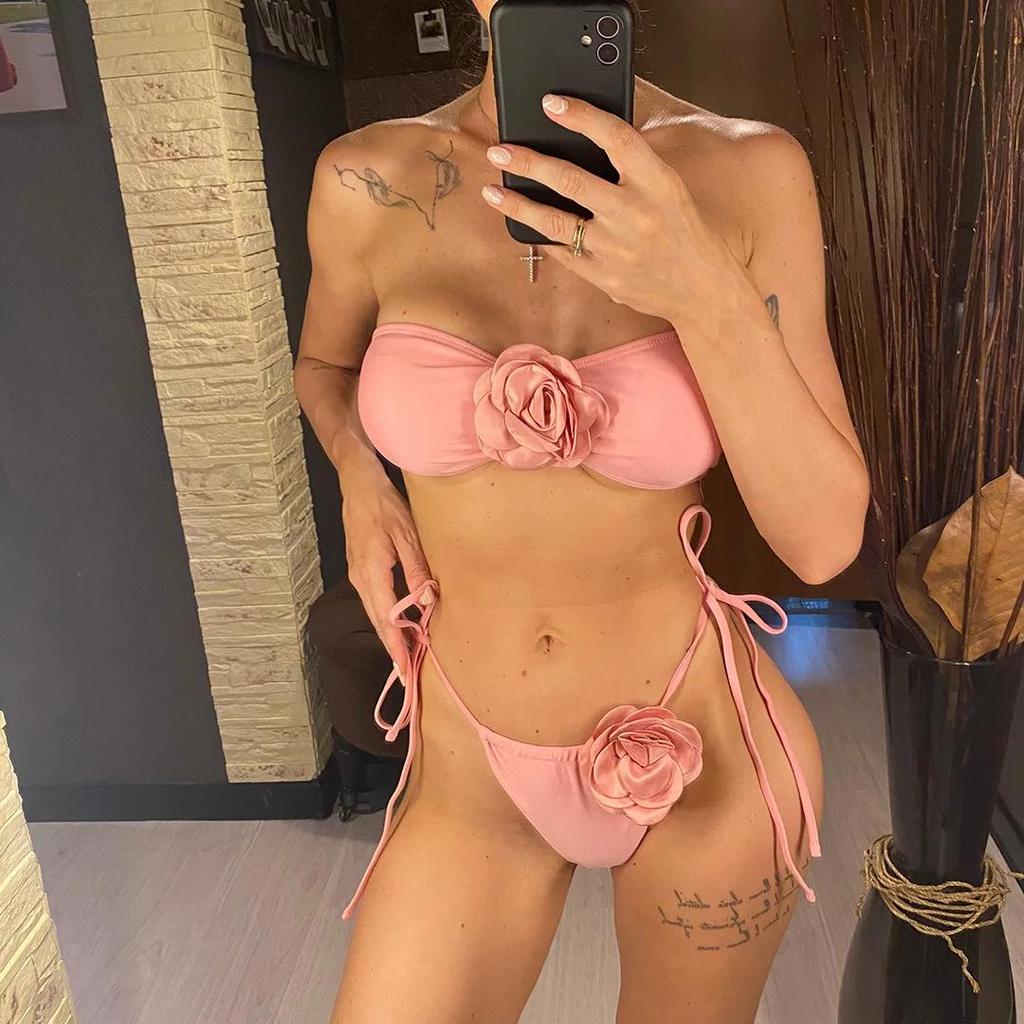 14 Colori Fiori 3D Bandeau Bikini a Taglio Alto Costume da Bagno Femminile Costume da Bagno Donna Set Bikini Due Pezzi Costumino da Bagno Swim