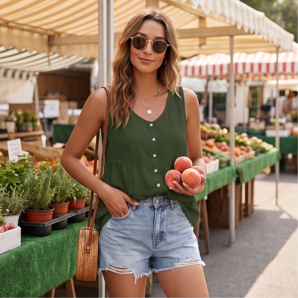 Women’s V Neck Button Front Sleeveless Loose Fit Casual Summer Blouse Top Relaxed Style Lightweight Comfortable Shirt