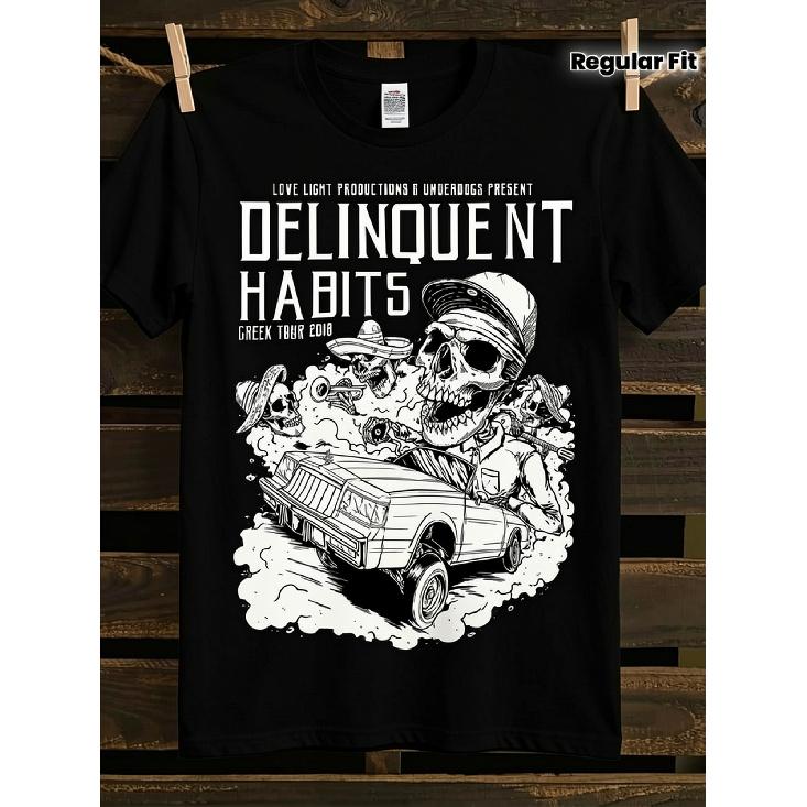 Herren Vintage Punk Rock T-Shirt - DELINQUENT HABITS Crew Tour 2024 Grafik-T-Shirt, Weißes Punk-Band-Shirt mit Totenkopf, Heavy on Love Light Productions, 3XL schwarz