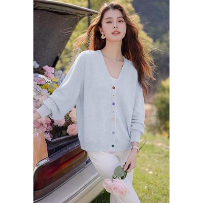 Mokana Women's V-Neck Knit Cardigan with Colorful Buttons