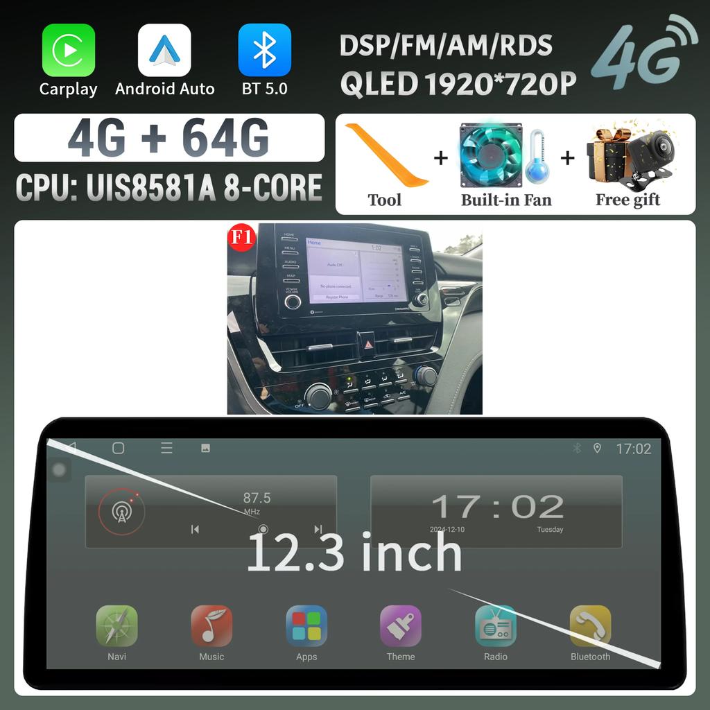 12.3inch For Toyota Camry 2021-2022 Car Radio Multimedia Android 14 4G GPS Navigation Wireless BT Carplay Head Unit Touch Screen