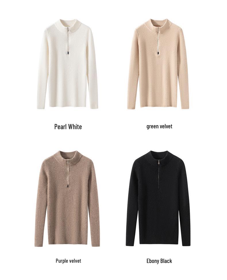 Women's Cashmere Half-High Collar Zipper Pullover Sweater - Autumn & Winter Collection