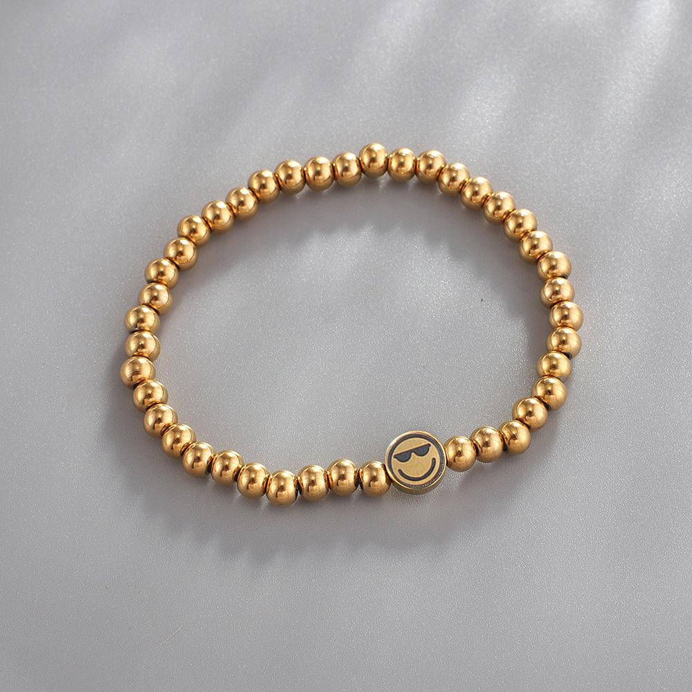 ALTERA New Fashion Stainless Steel Round Beads Elastic Bracelet Smile Face Charm Couple Bracelet for Men/Women BFF Zircon Gift
