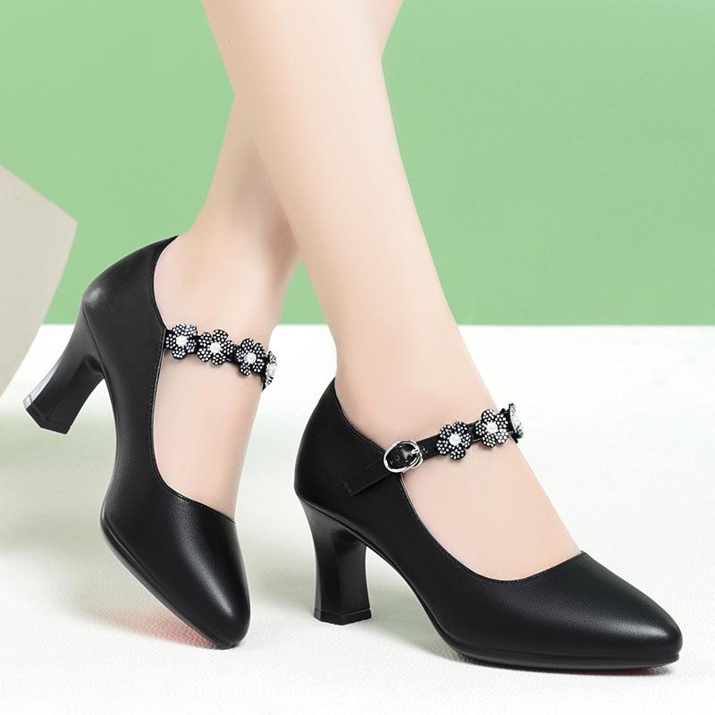 Women Pumps Flower Mary Jane Shallow Mouth Shoes Dress One-line Buckle Pointed Toe Medium Elegant Heels Soft Leather Shoes