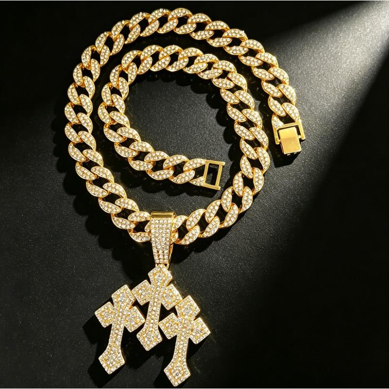 Hot Selling Men's Hip-hop Cuban Chain Necklace Alloy Inlaid with Rhinestones, 30 Character Stand Pendant, Personalized Rap Accessory