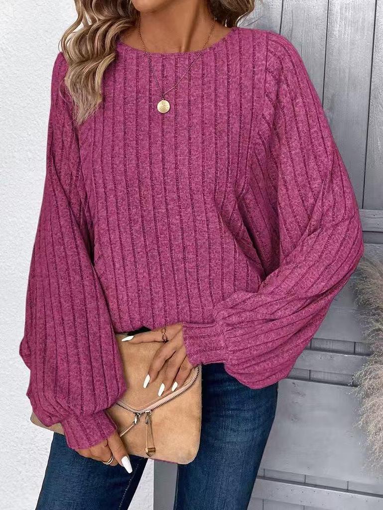 2025 Women's Chic Ribbed Lantern Sleeve Top - Comfortable Casual Solid Color for Autumn/Winter