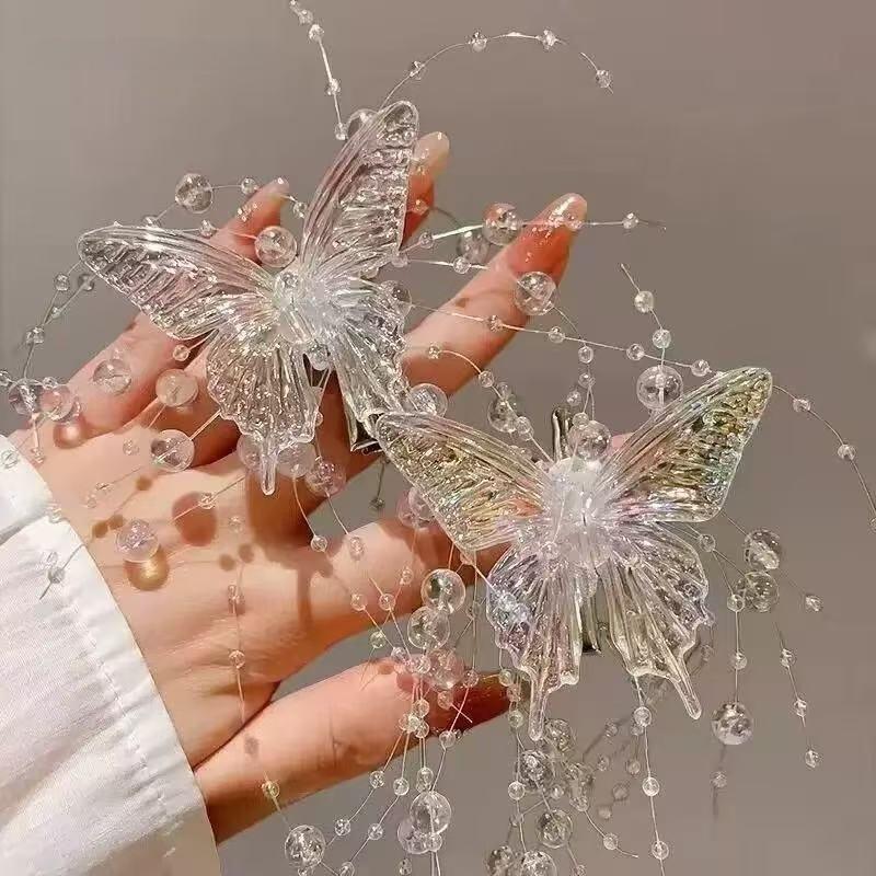 Long Butterfly Beaded Tassel Hair Clip For Women Fairy Temperament Sweet Princess Hairpin Fashion Bride Hair Accessories