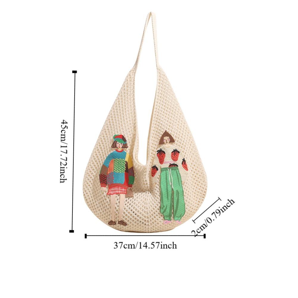 Trendy Sweet Knitted Tote Bag Hollow Out Bohemian Style Weave Shoulder Bag Cartoon Embroidery Crochet Beach Bag Holiday