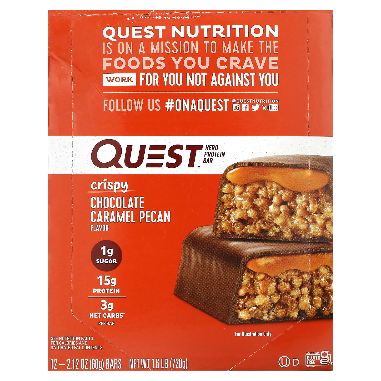 

Quest Nutrition, Hero Protein Bars, Krispy Chocolate Caramel Pecan Flavor, 12, 60 g (2.12 oz) each