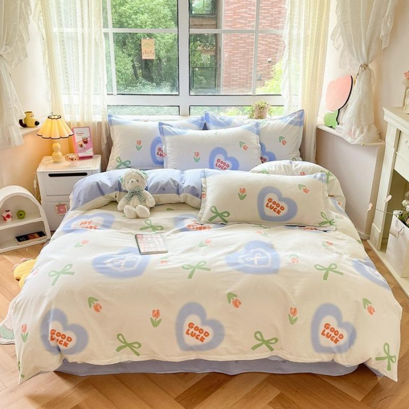 Nordic Style 100% Cotton Bedding Set Duvet Cover with 2pc Pillowcase for Student Dormitory Flower Print Lady's Double King Bed