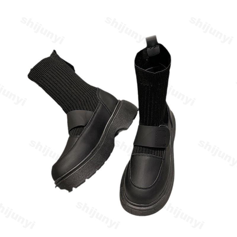 Nové 2025 Podzimní Bílé Kozačky Střední Délky Dámská Obuv Módní Kulatá Špička Platformní Kotníkové Boty Silná Podrážka Guma Dámské Jednobarevné Nazouvací Boty