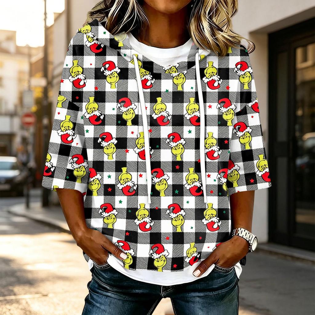Women's Casual 3/4 Sleeve Hooded Christmas Print Top Festive Pullover T-Shirt for Holiday Outfits