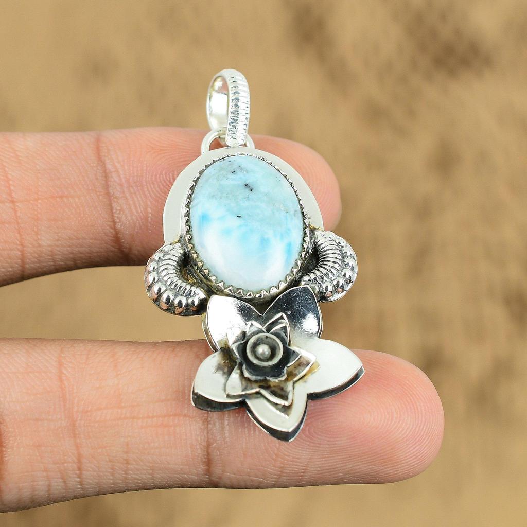 Womens day Deal Sterling Silver Larimar Stone Elegant Anniversary Flower Pendant